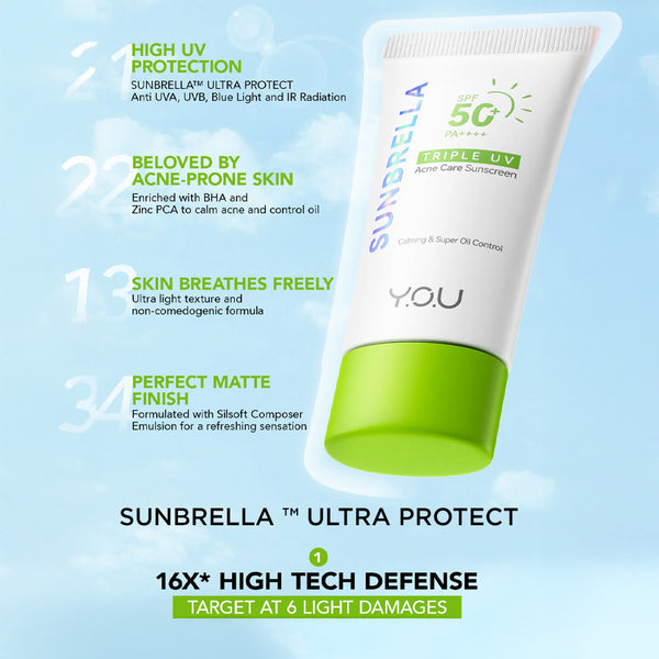 Y.O.U SUNBRELLA Triple UV Acne Care Sunscreen SPF 50+ PA++++ 30ml